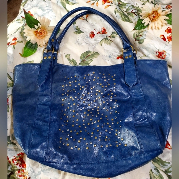 BRACIANO FAUX LEATHER LARGE TOTE EMBELLISHED color Blue whith golde stone - Picture 1 of 11